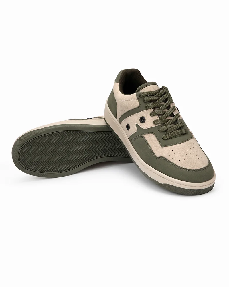 bewakoof Men's RetroMix Olive Groove Color Block Low-Top Sneakers